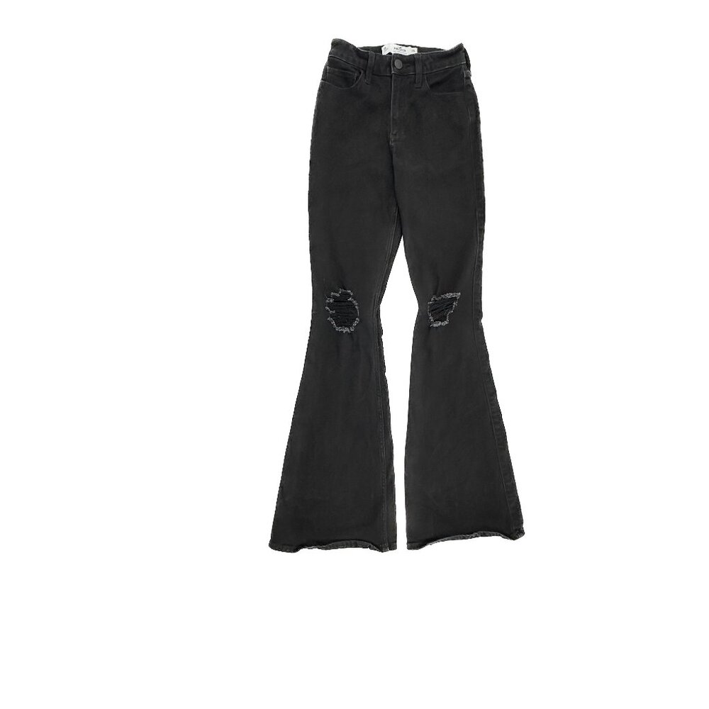Hollister Curvy High Rise Flare Distressed Women's size 0 Long Black Denim Jeans
